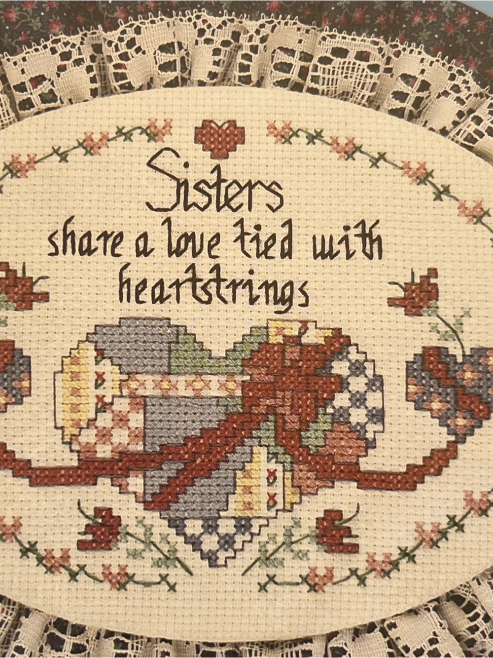 Sisters Heartstrings Cross-Stitch Wall Art - Cream & Multicolor